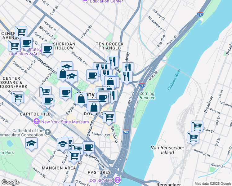 map of restaurants, bars, coffee shops, grocery stores, and more near 90 North Pearl Street in Albany