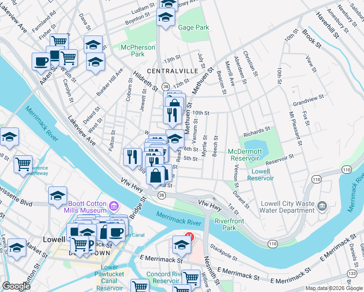 map of restaurants, bars, coffee shops, grocery stores, and more near 42 7th Street in Lowell