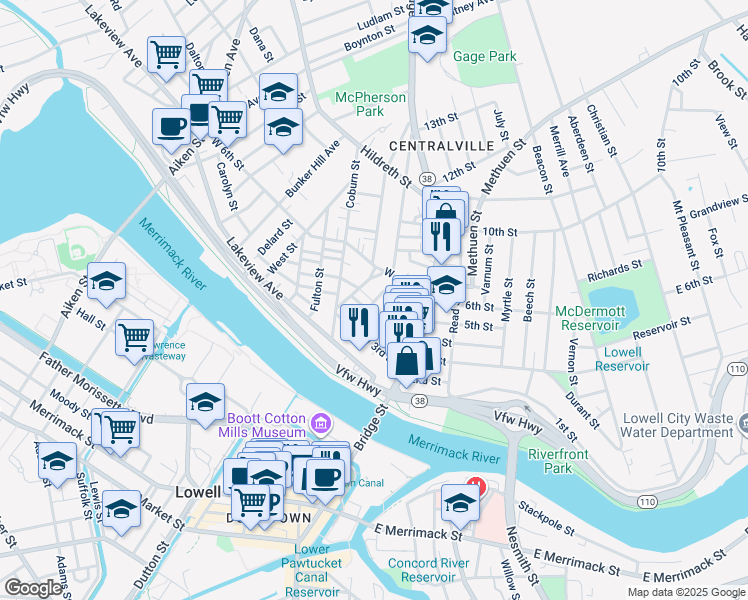 map of restaurants, bars, coffee shops, grocery stores, and more near 19 Hampshire Place in Lowell