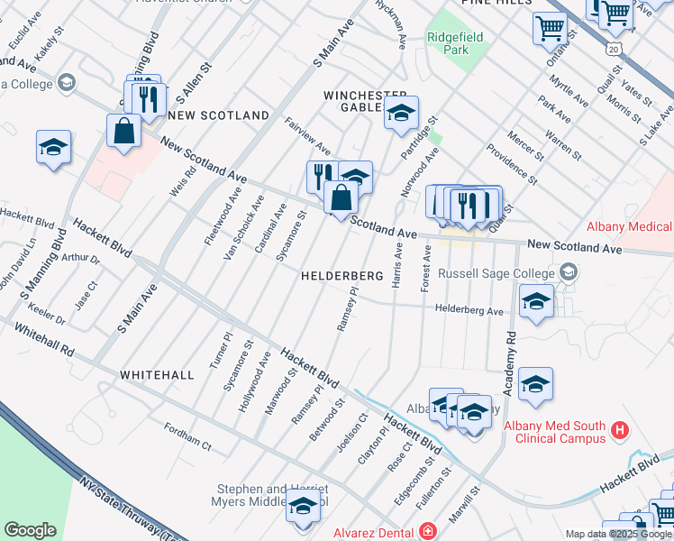 map of restaurants, bars, coffee shops, grocery stores, and more near 38 Pinewood Avenue in Albany