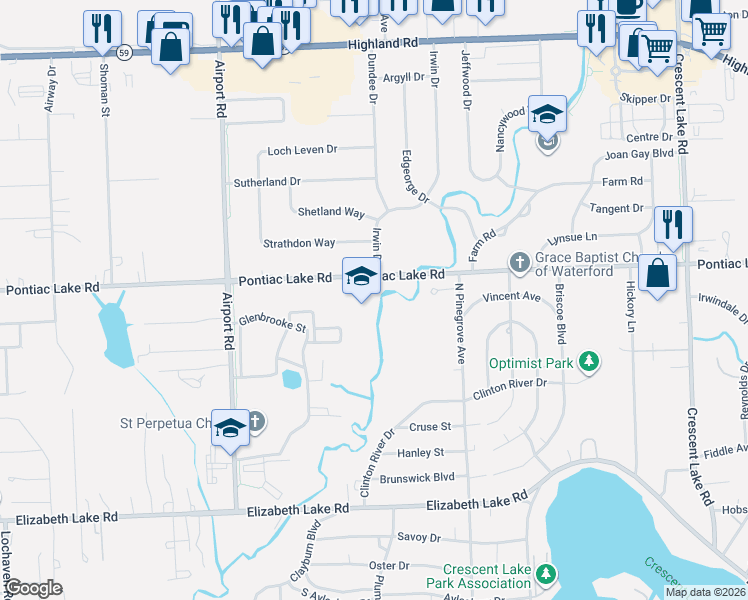map of restaurants, bars, coffee shops, grocery stores, and more near 5695 Pontiac Lake Road in Waterford Township