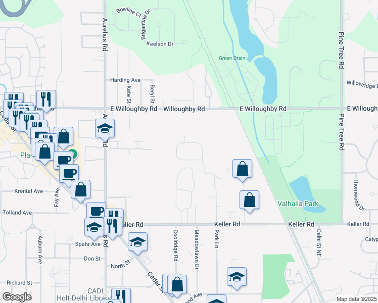 map of restaurants, bars, coffee shops, grocery stores, and more near 2452 Park Lane in Delhi charter Township