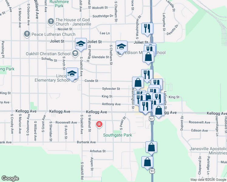 map of restaurants, bars, coffee shops, grocery stores, and more near 1814 South Chatham Street in Janesville