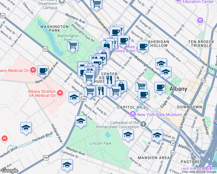 map of restaurants, bars, coffee shops, grocery stores, and more near Dove Street & Hamilton Street in Albany