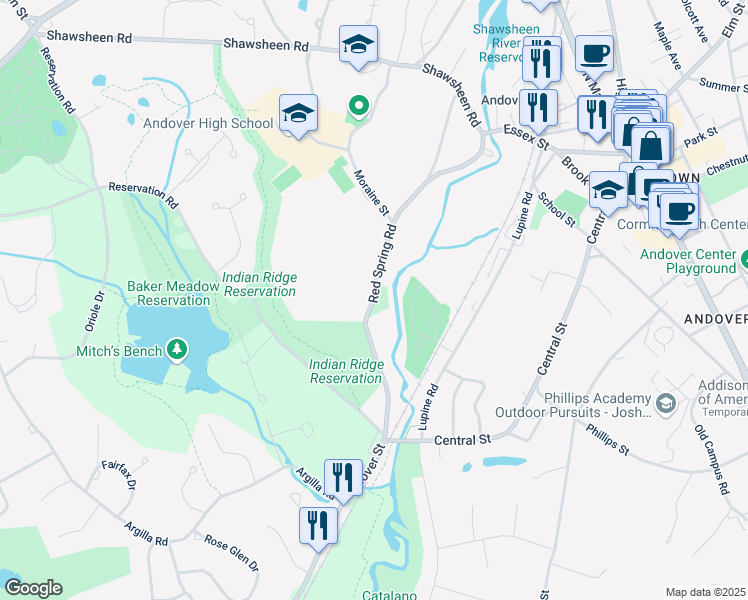 map of restaurants, bars, coffee shops, grocery stores, and more near 94 Red Spring Road in Andover