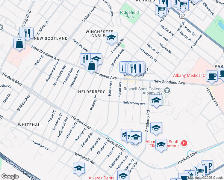map of restaurants, bars, coffee shops, grocery stores, and more near 14 Harris Avenue in Albany