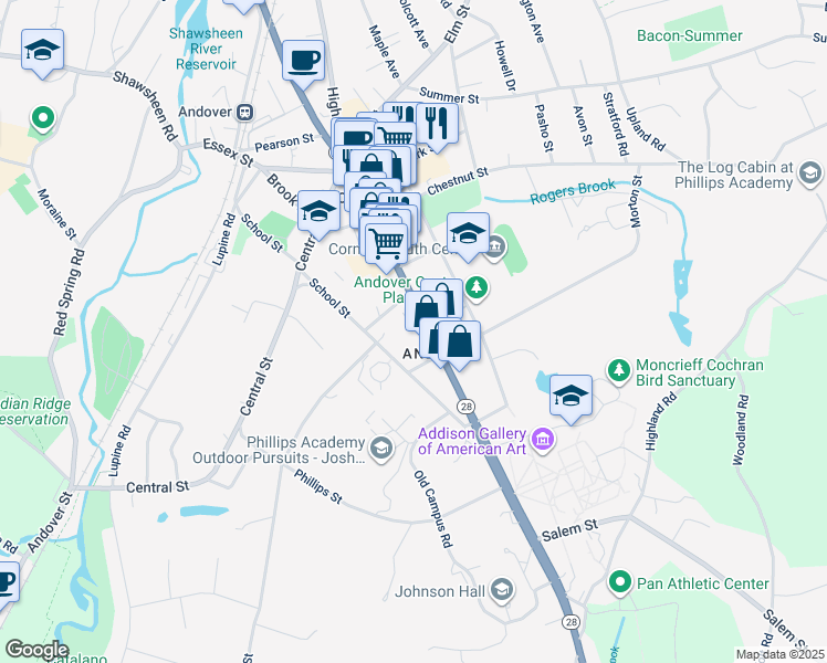 map of restaurants, bars, coffee shops, grocery stores, and more near 118 Main Street in Andover