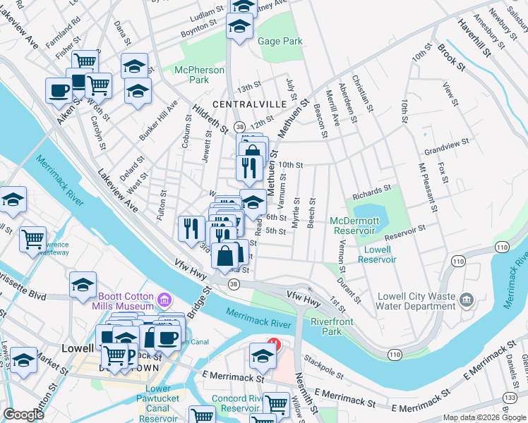 map of restaurants, bars, coffee shops, grocery stores, and more near 42 7th Street in Lowell