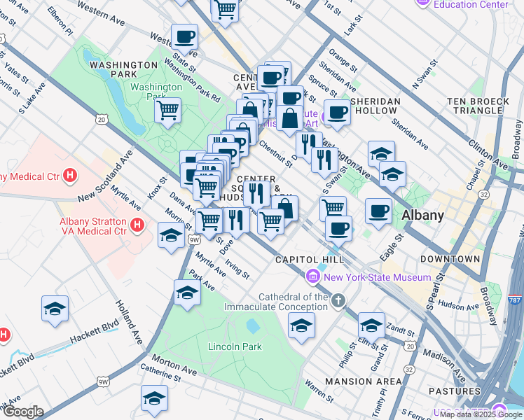 map of restaurants, bars, coffee shops, grocery stores, and more near in Albany