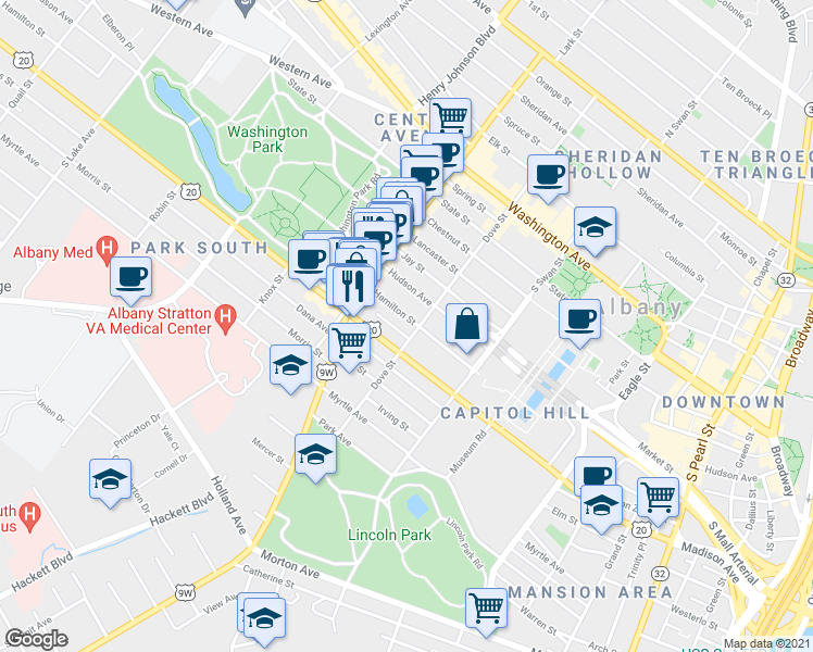 map of restaurants, bars, coffee shops, grocery stores, and more near 107 Dove Street in Albany