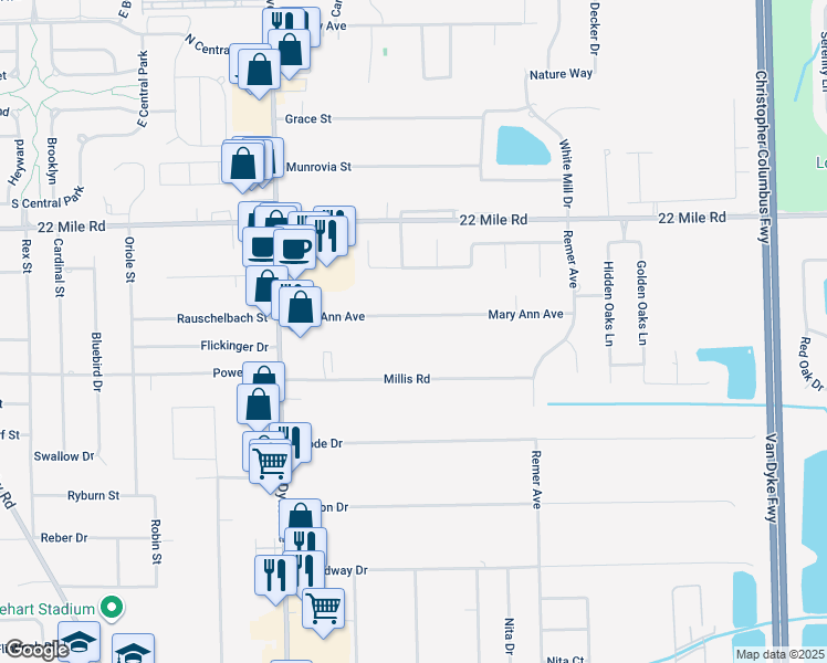 map of restaurants, bars, coffee shops, grocery stores, and more near 8543 Mary Ann Avenue in Macomb County
