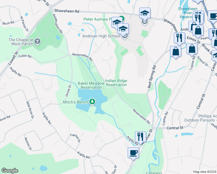 map of restaurants, bars, coffee shops, grocery stores, and more near 52 Reservation Road in Andover