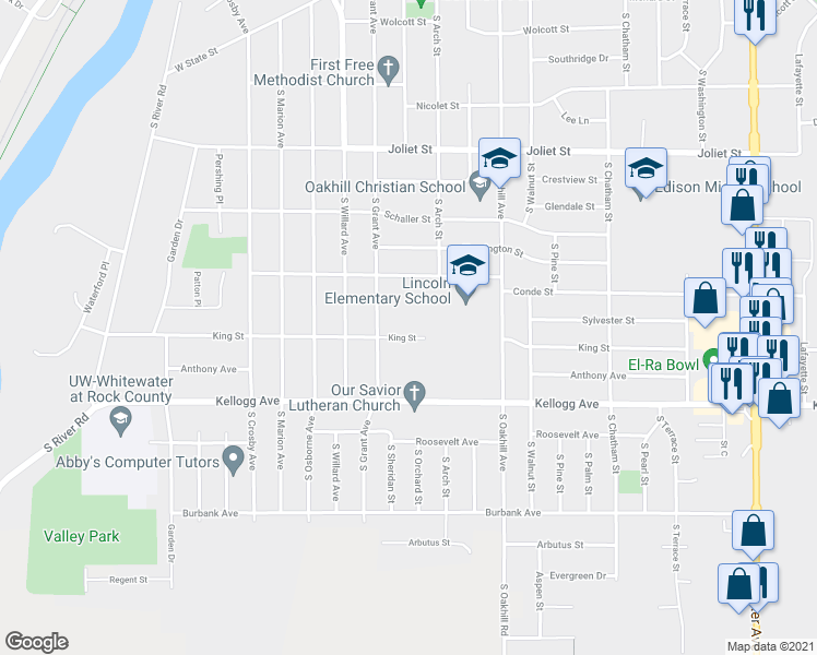 map of restaurants, bars, coffee shops, grocery stores, and more near 2102 King Street in Janesville