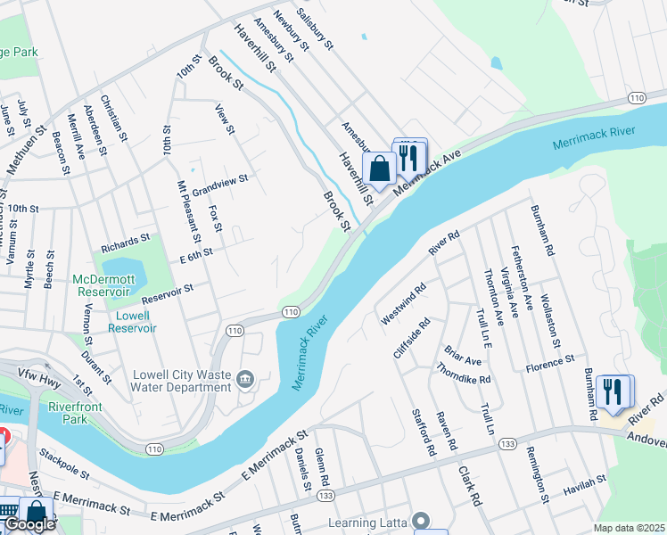 map of restaurants, bars, coffee shops, grocery stores, and more near 2-136 Merrimack Avenue in Dracut