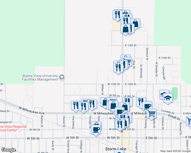 map of restaurants, bars, coffee shops, grocery stores, and more near 1118 Ontario Street in Storm Lake