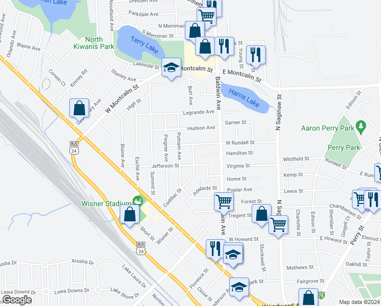 map of restaurants, bars, coffee shops, grocery stores, and more near 159 Cadillac Street in Pontiac