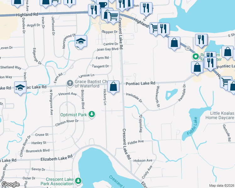 map of restaurants, bars, coffee shops, grocery stores, and more near 5030 Saybrook Court in Waterford Township