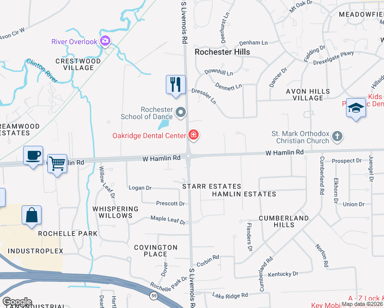 map of restaurants, bars, coffee shops, grocery stores, and more near 1959 South Livernois Road in Rochester Hills