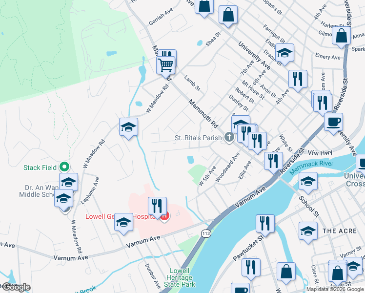 map of restaurants, bars, coffee shops, grocery stores, and more near 41 Hally Road in Lowell