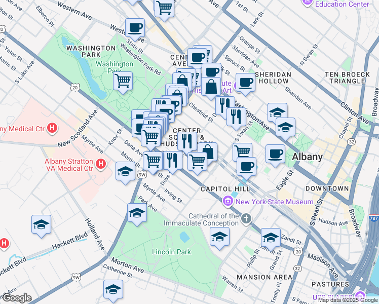 map of restaurants, bars, coffee shops, grocery stores, and more near 86 Dove Street in Albany