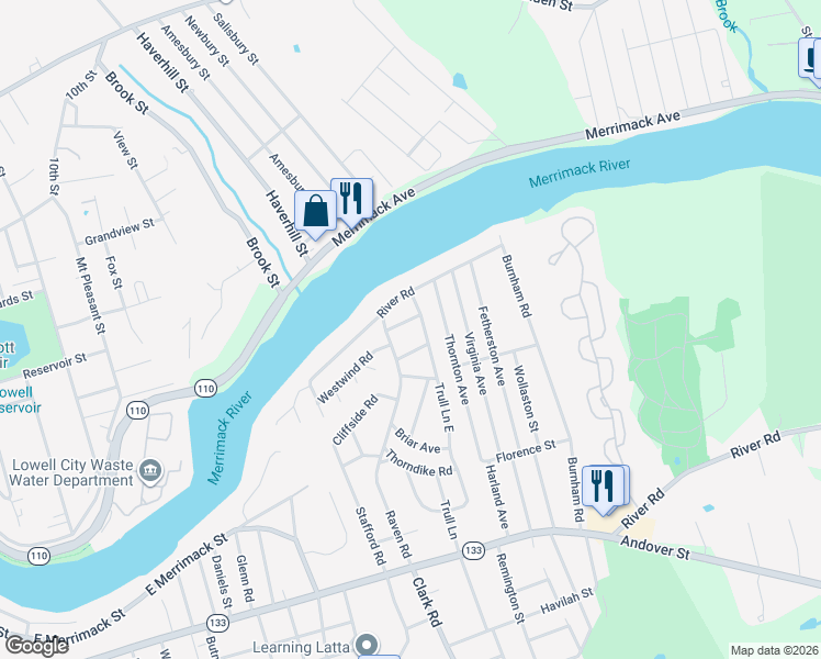 map of restaurants, bars, coffee shops, grocery stores, and more near in Lowell