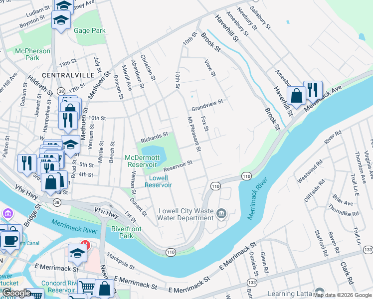map of restaurants, bars, coffee shops, grocery stores, and more near 22 East 6th Street in Lowell