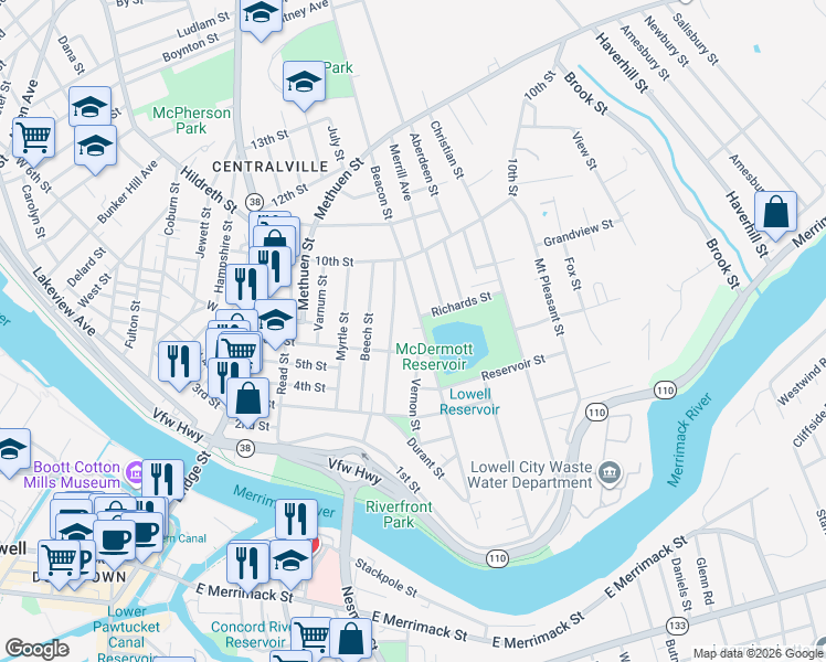 map of restaurants, bars, coffee shops, grocery stores, and more near 242 Beacon Street in Lowell