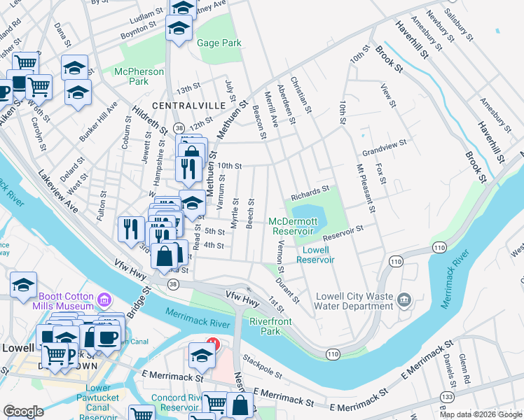 map of restaurants, bars, coffee shops, grocery stores, and more near 96 Fremont Street in Lowell