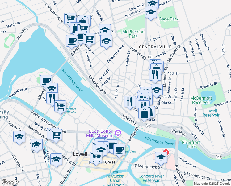 map of restaurants, bars, coffee shops, grocery stores, and more near 24 Stanley Street in Lowell