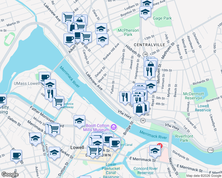 map of restaurants, bars, coffee shops, grocery stores, and more near 24 Stanley Street in Lowell