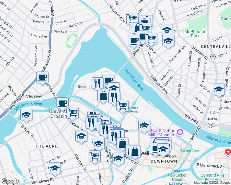 map of restaurants, bars, coffee shops, grocery stores, and more near Lawrence Drive in Lowell