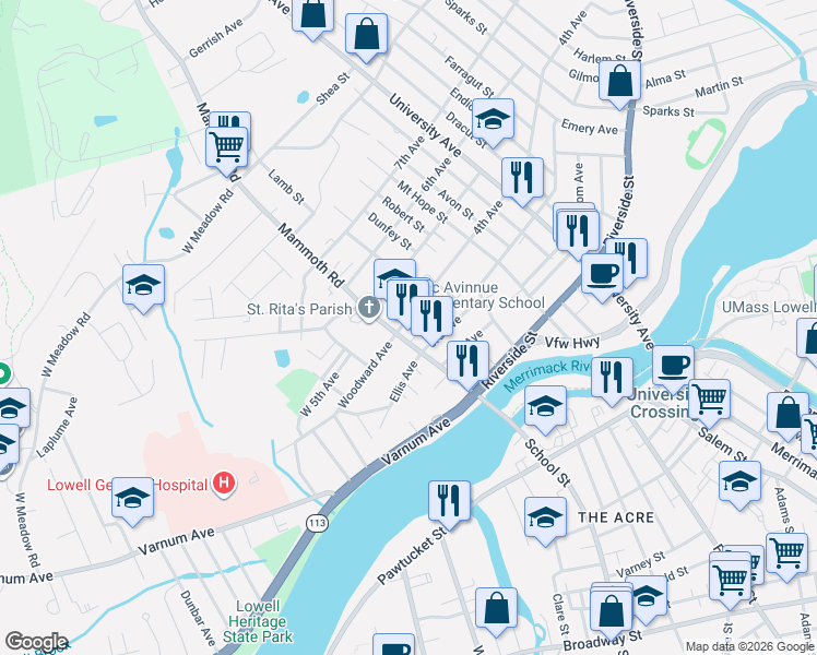 map of restaurants, bars, coffee shops, grocery stores, and more near 23 4th Avenue in Lowell