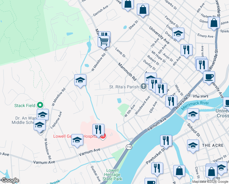 map of restaurants, bars, coffee shops, grocery stores, and more near 41 Hally Road in Lowell