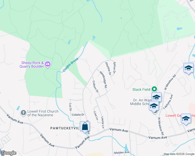 map of restaurants, bars, coffee shops, grocery stores, and more near 100 Ronald Lane in Lowell