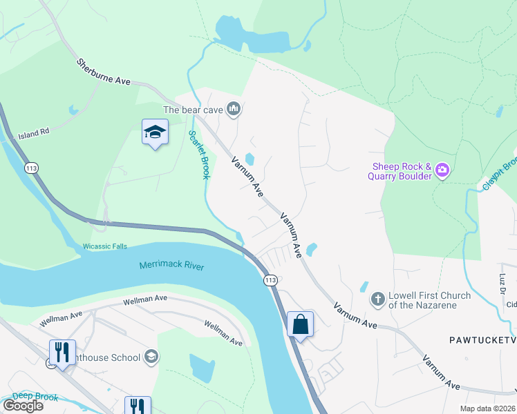map of restaurants, bars, coffee shops, grocery stores, and more near 1512 Varnum Avenue in Lowell