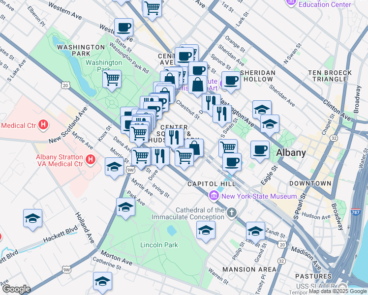 map of restaurants, bars, coffee shops, grocery stores, and more near in Albany