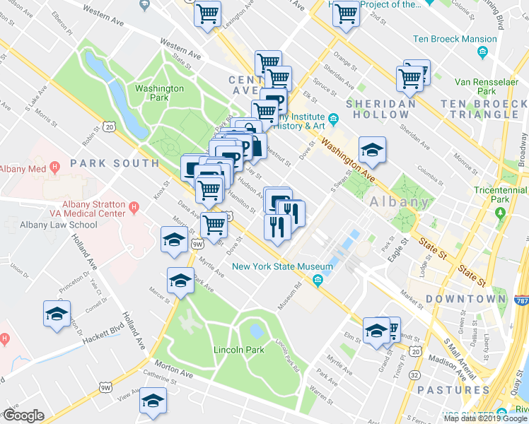 map of restaurants, bars, coffee shops, grocery stores, and more near in Albany