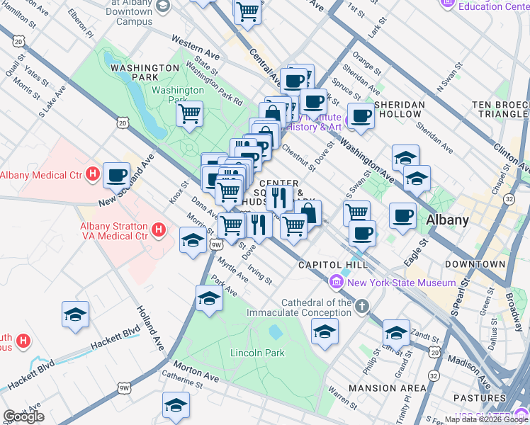 map of restaurants, bars, coffee shops, grocery stores, and more near 107 Dove Street in Albany