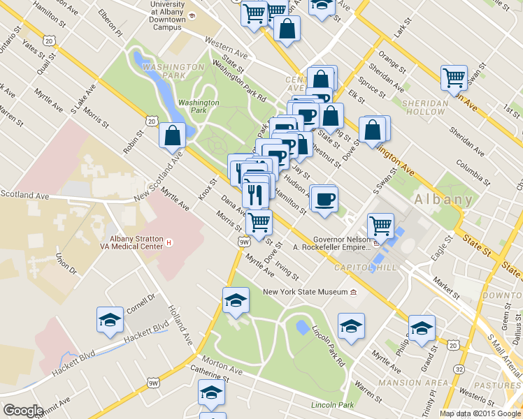 map of restaurants, bars, coffee shops, grocery stores, and more near 12 Delaware Avenue in Albany