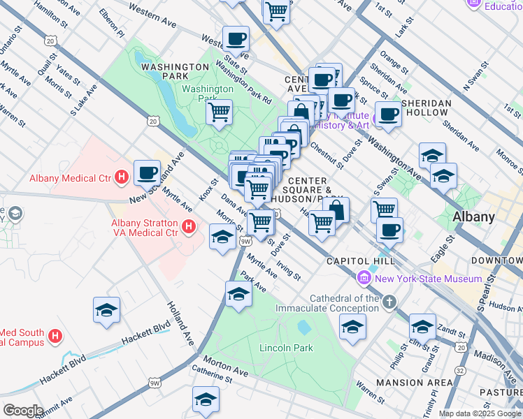 map of restaurants, bars, coffee shops, grocery stores, and more near 12 Delaware Avenue in Albany