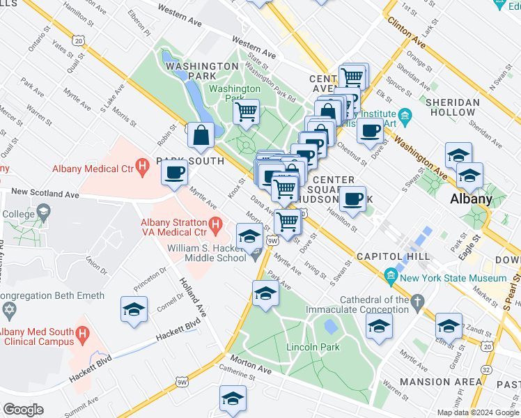 map of restaurants, bars, coffee shops, grocery stores, and more near 448 Madison Avenue in Albany