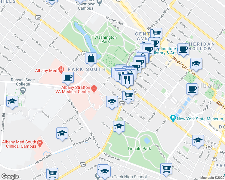 map of restaurants, bars, coffee shops, grocery stores, and more near 36 Dana Avenue in Albany