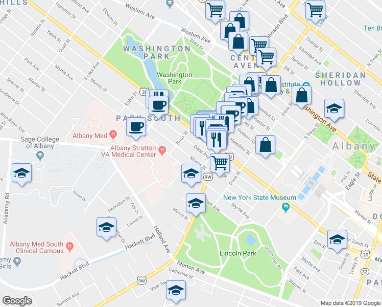 map of restaurants, bars, coffee shops, grocery stores, and more near 36 Dana Avenue in Albany