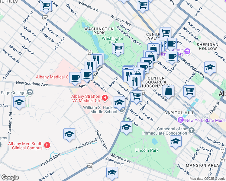 map of restaurants, bars, coffee shops, grocery stores, and more near 78 Morris Street in Albany