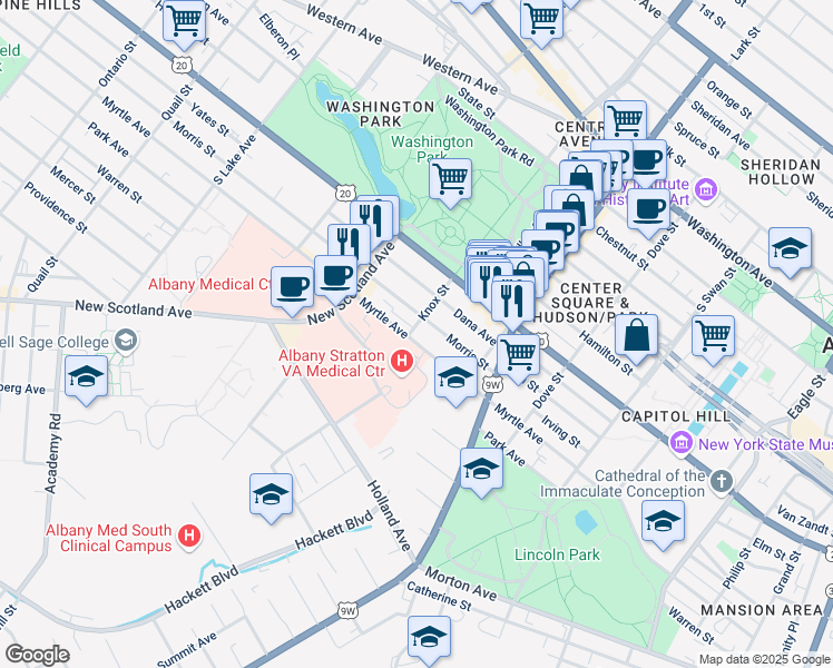 map of restaurants, bars, coffee shops, grocery stores, and more near 78 Morris Street in Albany
