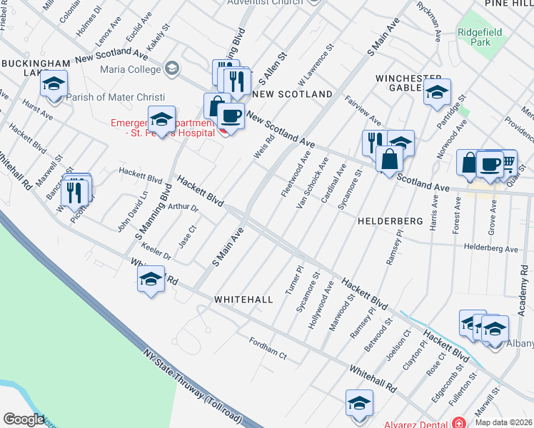 map of restaurants, bars, coffee shops, grocery stores, and more near 314 South Main Avenue in Albany