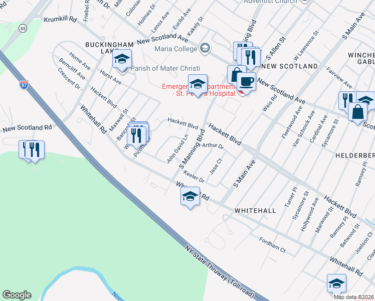 map of restaurants, bars, coffee shops, grocery stores, and more near 348 South Manning Boulevard in Albany