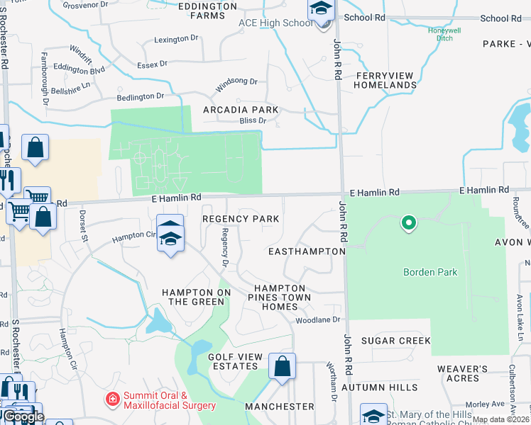 map of restaurants, bars, coffee shops, grocery stores, and more near 2008 Somerville Road in Rochester Hills