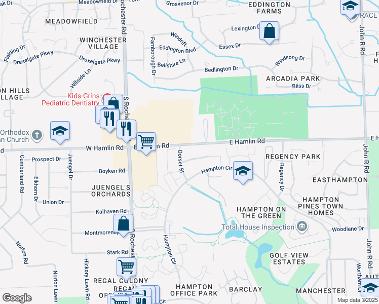 map of restaurants, bars, coffee shops, grocery stores, and more near 457 Kensington Drive in Rochester Hills