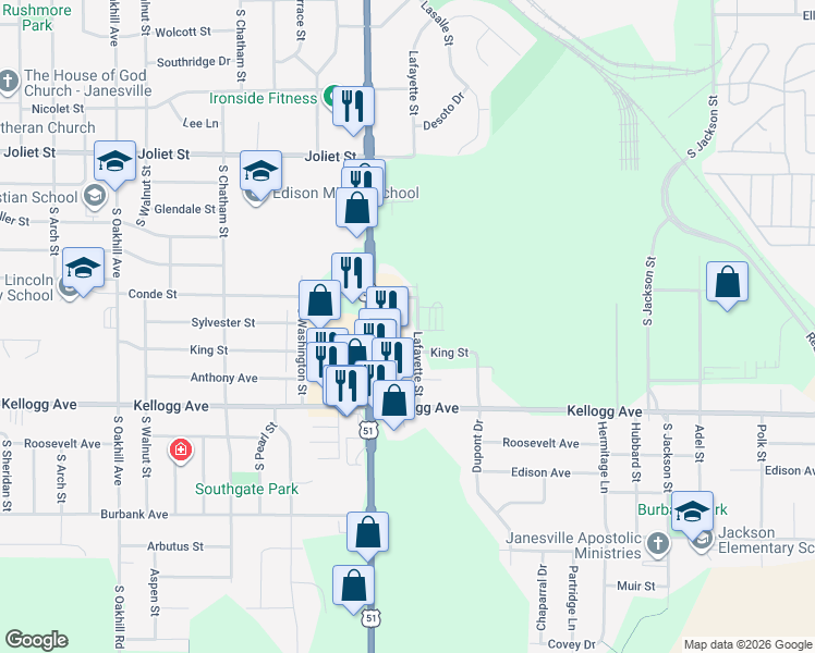 map of restaurants, bars, coffee shops, grocery stores, and more near 1808 Lafayette Street in Janesville